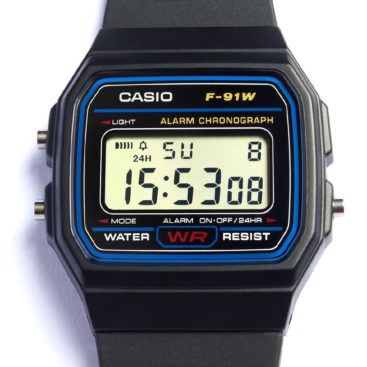 Casio F-91W digital watch, front closeup showing the time display, alarm chronograph text, and black resin case